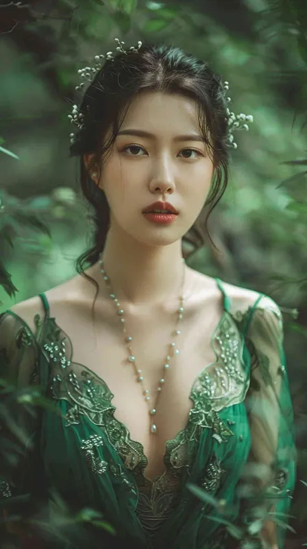 Korean face,Goddess,green lace low-cut dress, in the forest，whole body - style2部分