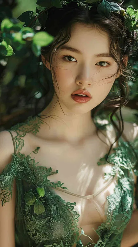 Korean face,Goddess,green lace low-cut dress, in the forest，whole body - style3部分