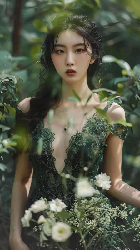 Korean face,Goddess,green lace low-cut dress, in the forest，whole body - style4部分