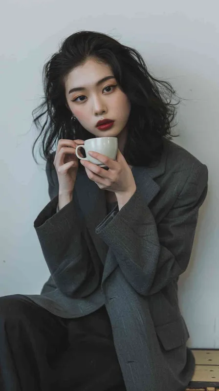 A Chinese woman with black hair, wearing an oversized blazer and pants in a dark gray color is sitting on a bench drinking tea. She has exquisite makeup and looks sideways. The background wall is white. She is holding a coffee cup in her hand in a full body shot photographed in the style of soft light photography. --ar 85:128 - style1部分