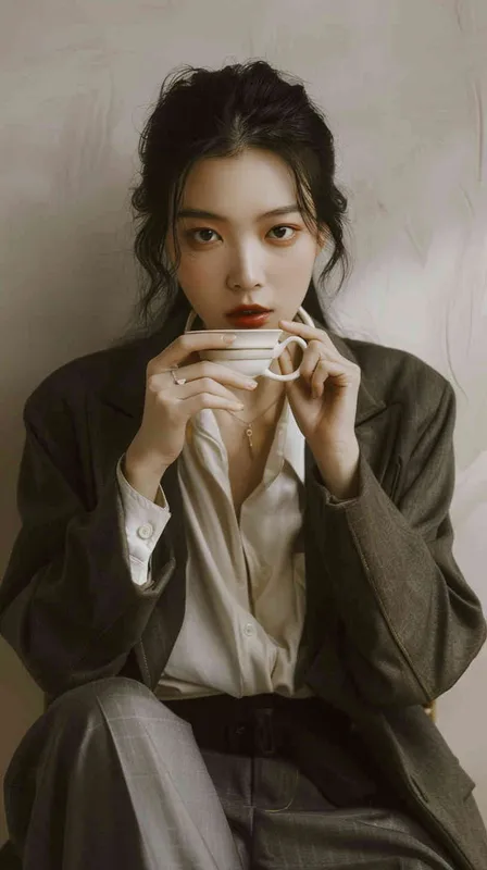 A Chinese woman with black hair, wearing an oversized blazer and pants in a dark gray color is sitting on a bench drinking tea. She has exquisite makeup and looks sideways. The background wall is white. She is holding a coffee cup in her hand in a full body shot photographed in the style of soft light photography. --ar 85:128 - style3部分