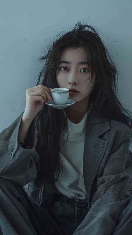 A Chinese woman with black hair, wearing an oversized blazer and pants in a dark gray color is sitting on a bench drinking tea. She has exquisite makeup and looks sideways. The background wall is white. She is holding a coffee cup in her hand in a full body shot photographed in the style of soft light photography. --ar 85:128 - style4部分