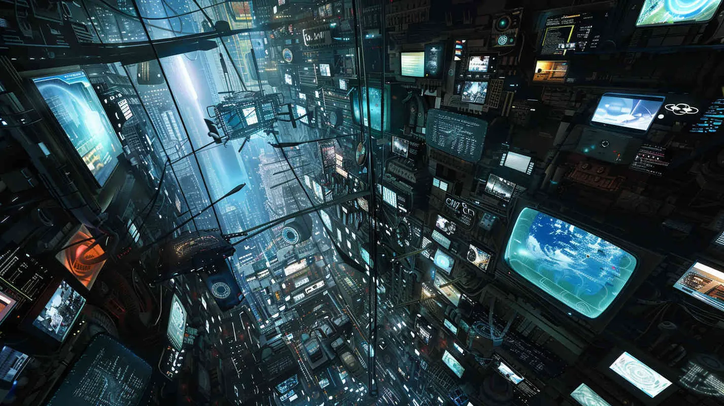 一个由电视屏幕组成的未来世界，space, aerial view, clockpunk, futuristic illustration, John Harris, Kim Jung Gi --v 5.2 --ar 3:4 - style1部分
