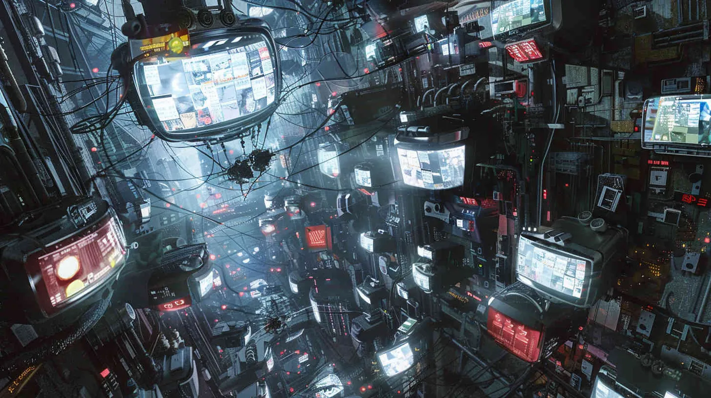 一个由电视屏幕组成的未来世界，space, aerial view, clockpunk, futuristic illustration, John Harris, Kim Jung Gi --v 5.2 --ar 3:4 - style4部分