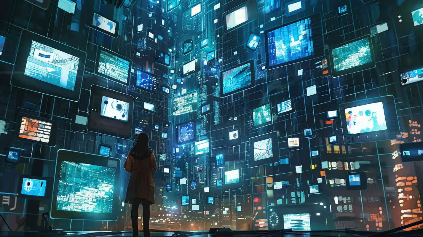 主体是一个电视屏幕组成的未来世界，space, aerial view, clockpunk, futuristic illustration, John Harris, Kim Jung Gi --v 5.2 --ar 3:4 - style2部分