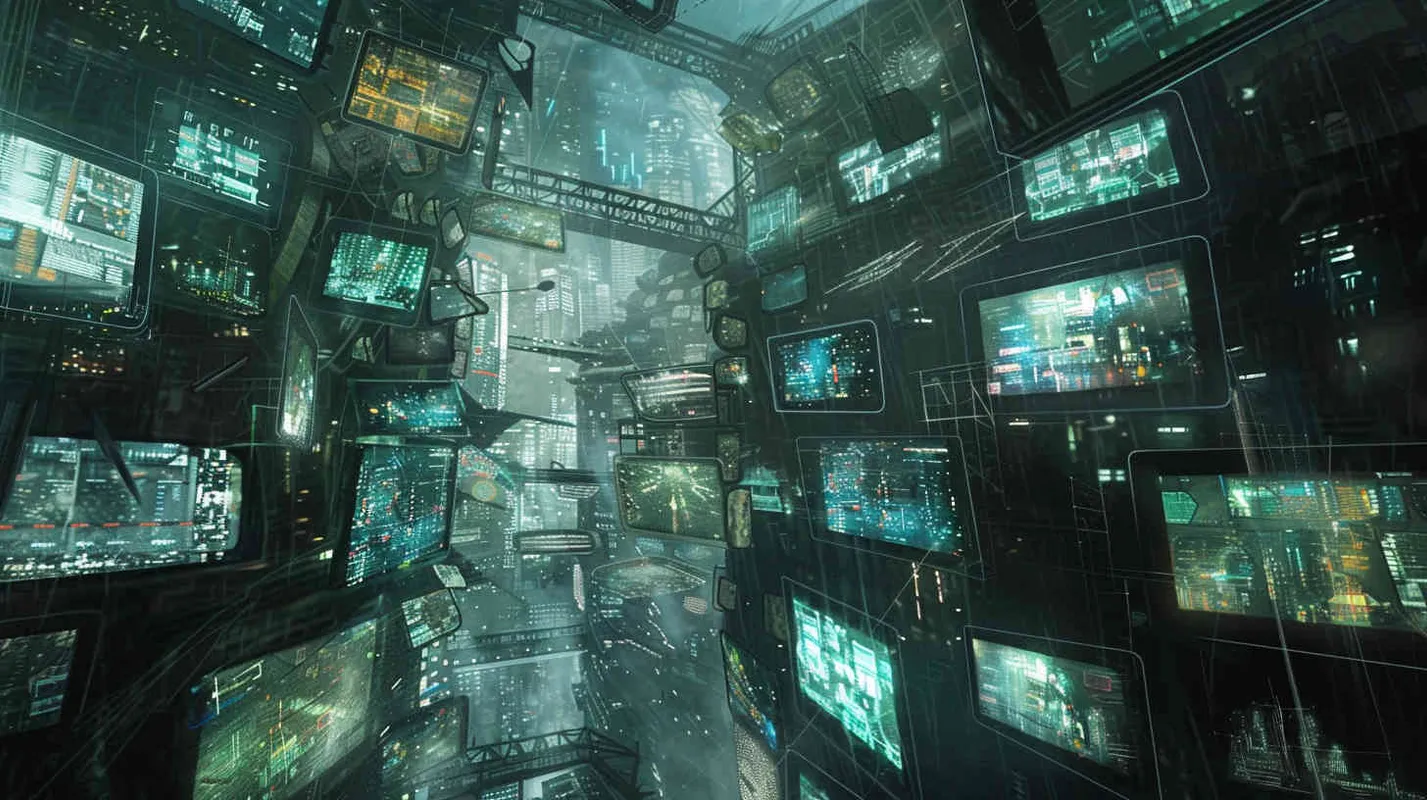 主体是一个电视屏幕组成的未来世界，space, aerial view, clockpunk, futuristic illustration, John Harris, Kim Jung Gi --v 5.2 --ar 3:4 - style4部分