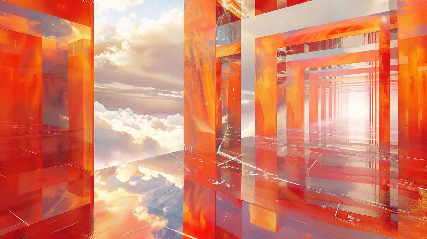 an image of an orange hallway, glass and sky, in the style of light red and silver, future tech, light red and gold, uhd image, chad knight, jagged edges, light red and bronze --ar 2:1 --v 5.2 - style2部分