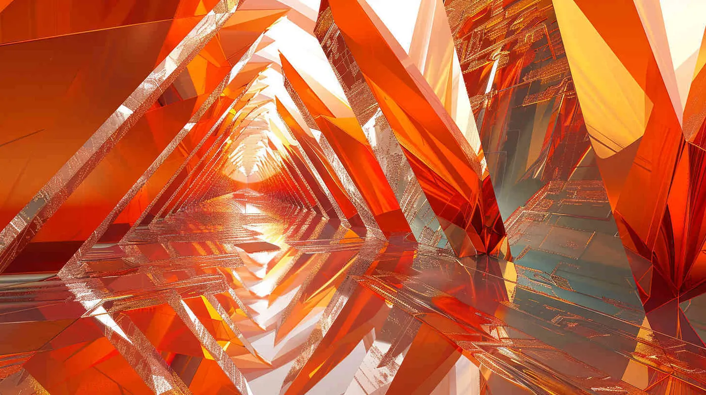 an image of an orange hallway, glass and sky, in the style of light red and silver, future tech, light red and gold, uhd image, chad knight, jagged edges, light red and bronze --ar 2:1 --v 5.2 - style3部分