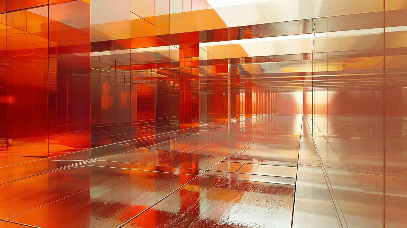 an image of an orange hallway, glass and sky, in the style of light red and silver, future tech, light red and gold, uhd image, chad knight, jagged edges, light red and bronze --ar 2:1 --v 5.2 - style4部分