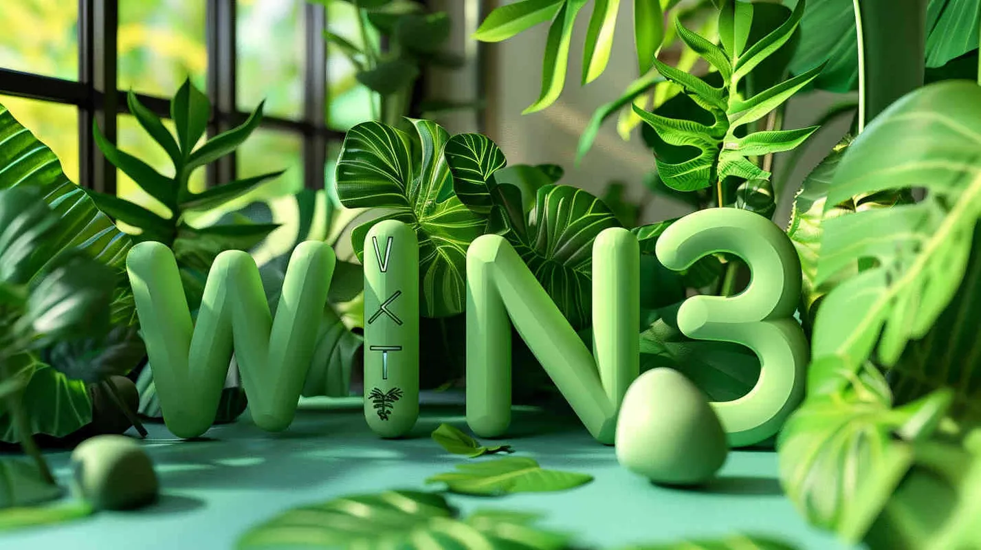 Design a word “WIN³”, 3D stereoscopic, leaf material, sunny green, bright and vivid, conceptual product design, futuristic , blind box toys, handcrafts, exquisite, 3D effect, full body display, ultra high precision, ultra high detail, perfect lighting, OC renderer, Blender 8k, ultra clear, ultra noise reduction, --ar 1400:1850 --s 500 - style3部分