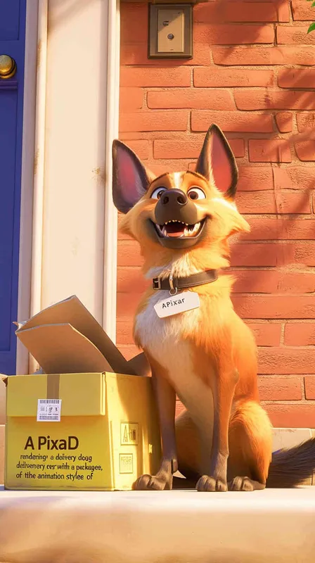 A Pixar 3D rendering of a delivery dog leaving the delivery center with a package, reminiscent of the animation style of 
