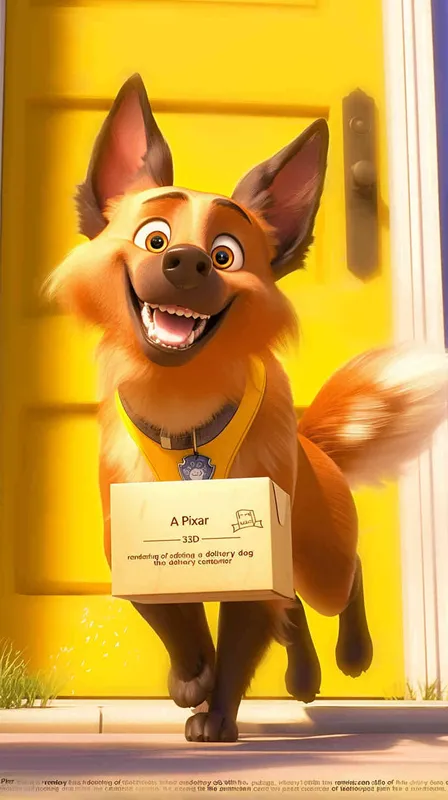 A Pixar 3D rendering of a delivery dog leaving the delivery center with a package, reminiscent of the animation style of 
