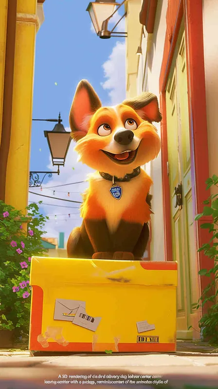 A Pixar 3D rendering of a delivery dog leaving the delivery center with a package, reminiscent of the animation style of 