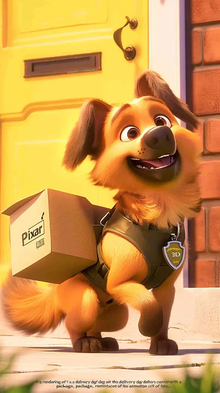 A Pixar 3D rendering of a delivery dog leaving the delivery center with a package, reminiscent of the animation style of 