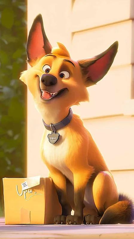 A Pixar 3D rendering of a delivery dog leaving the delivery center with a package, reminiscent of the animation style of 