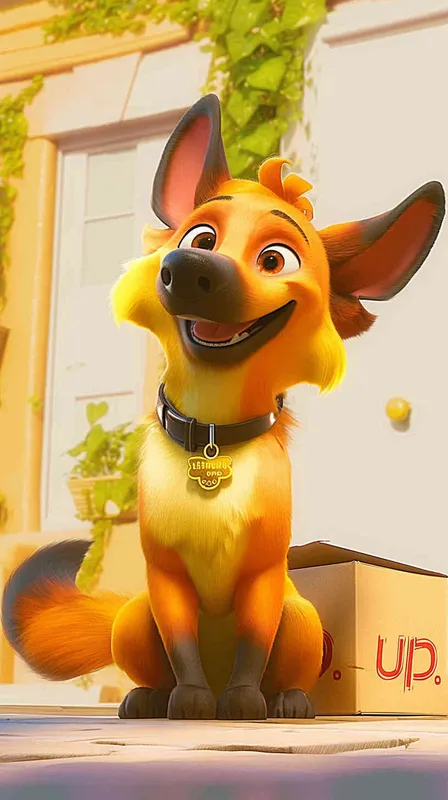 A Pixar 3D rendering of a delivery dog leaving the delivery center with a package, reminiscent of the animation style of 
