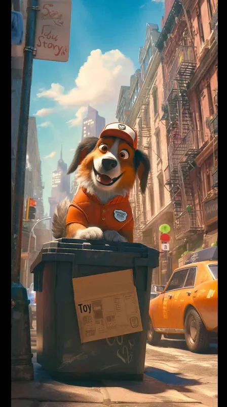A Pixar 3D rendering of a delivery dog clad in a delivery uniform navigating through a bustling city street while delivering packages, inspired by the animation style of “Toy Story.” The scene is portrayed with vibrant colors and smooth animations, capturing the excitement of urban exploration. Color temperature: lively and colorful. Facial expression: the dog appears focused and determined. Dynamic, overhead lighting adds energy to the scene. –v 5 –stylize 1000 –cref https://znrpa-s-1254076648.cos.accelerate.myqcloud.com/ai/thumb-mj-%5B33%5D-debbba5b-7.png –cw 50  – AI绘画作品展示 | Midjourney中文版生成