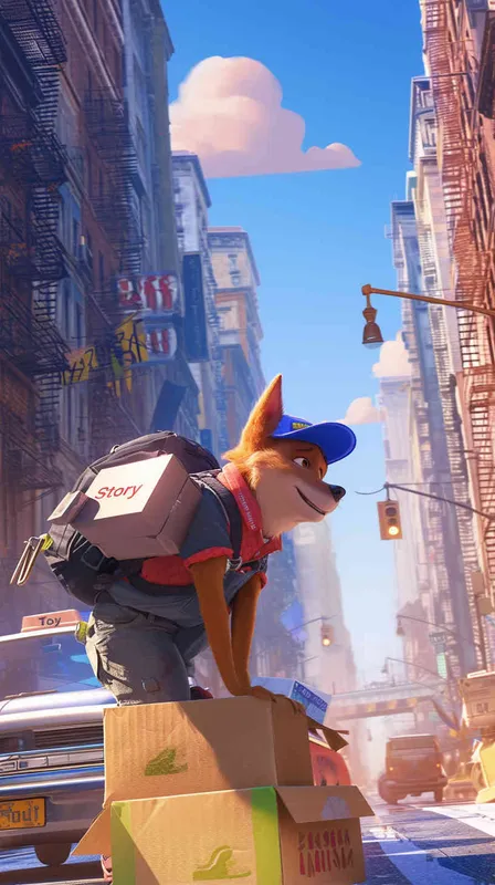 A Pixar 3D rendering of a delivery dog clad in a delivery uniform navigating through a bustling city street while delivering packages, inspired by the animation style of 