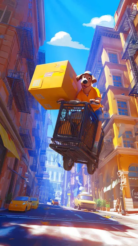 A Pixar 3D rendering of a delivery dog clad in a delivery uniform navigating through a bustling city street while delivering packages, inspired by the animation style of 