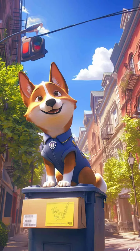 A Pixar 3D rendering of a delivery dog clad in a delivery uniform navigating through a bustling city street while delivering packages, inspired by the animation style of 