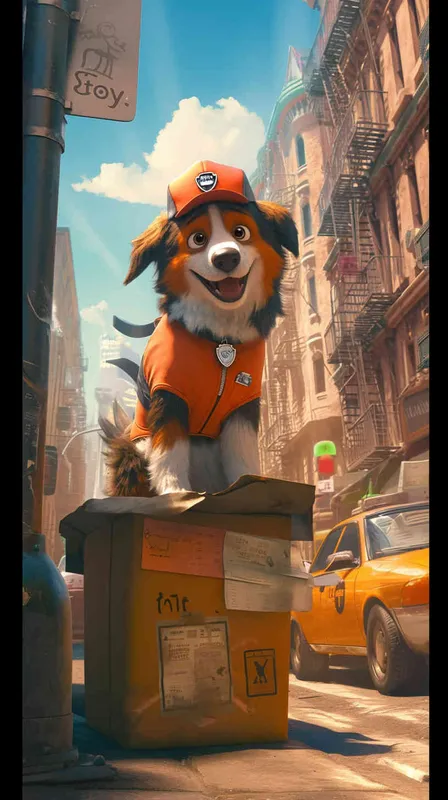 A Pixar 3D rendering of a delivery dog clad in a delivery uniform navigating through a bustling city street while delivering packages, inspired by the animation style of 