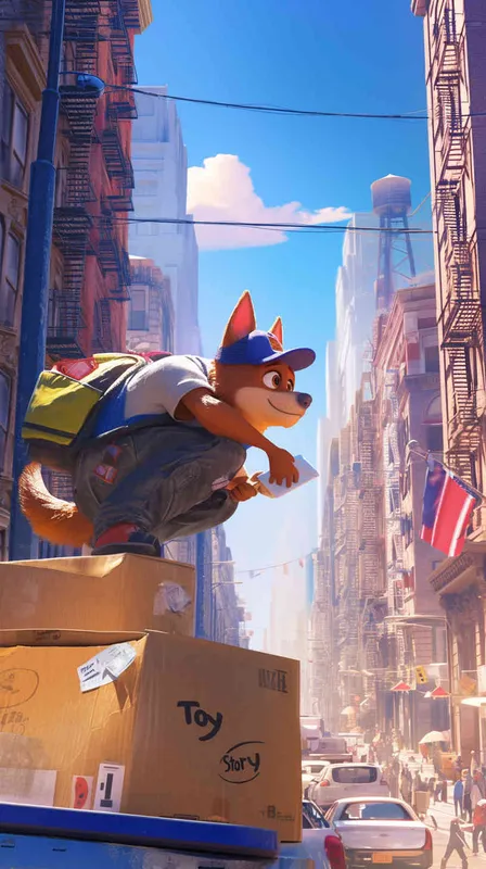 A Pixar 3D rendering of a delivery dog clad in a delivery uniform navigating through a bustling city street while delivering packages, inspired by the animation style of 