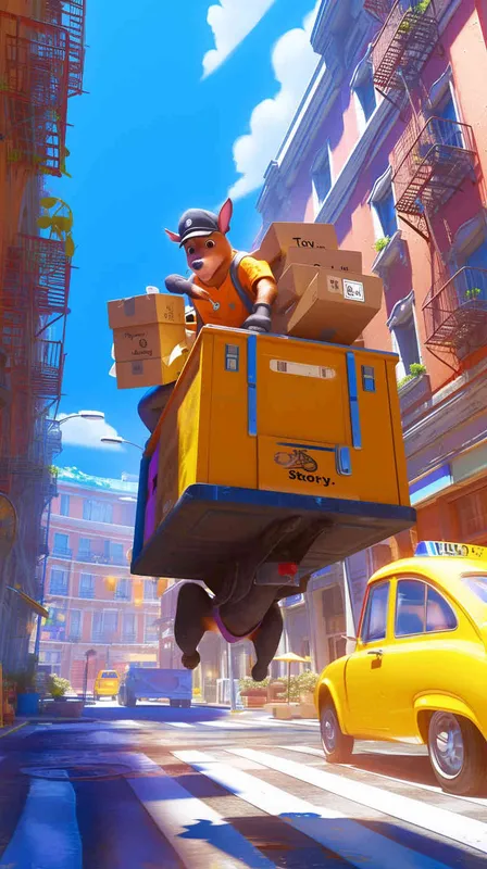 A Pixar 3D rendering of a delivery dog clad in a delivery uniform navigating through a bustling city street while delivering packages, inspired by the animation style of 