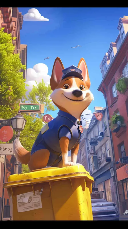 A Pixar 3D rendering of a delivery dog clad in a delivery uniform navigating through a bustling city street while delivering packages, inspired by the animation style of 