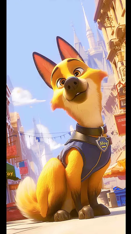 A Pixar 3D rendering of a delivery dog clad in a delivery uniform navigating through a bustling city street while delivering packages, inspired by the animation style of 