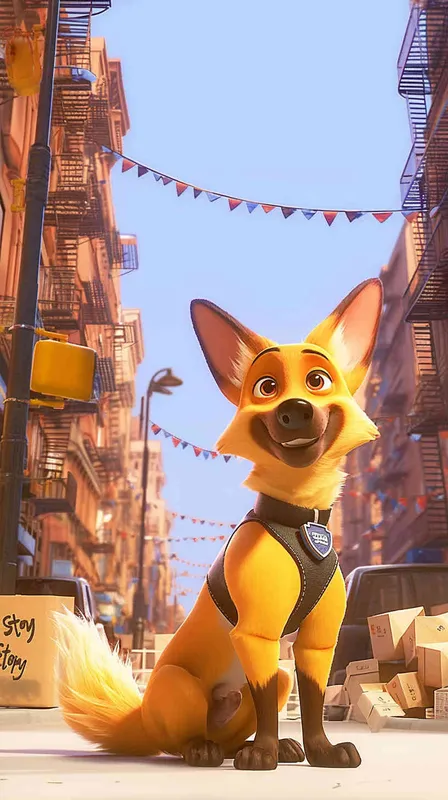A Pixar 3D rendering of a delivery dog clad in a delivery uniform navigating through a bustling city street while delivering packages, inspired by the animation style of 