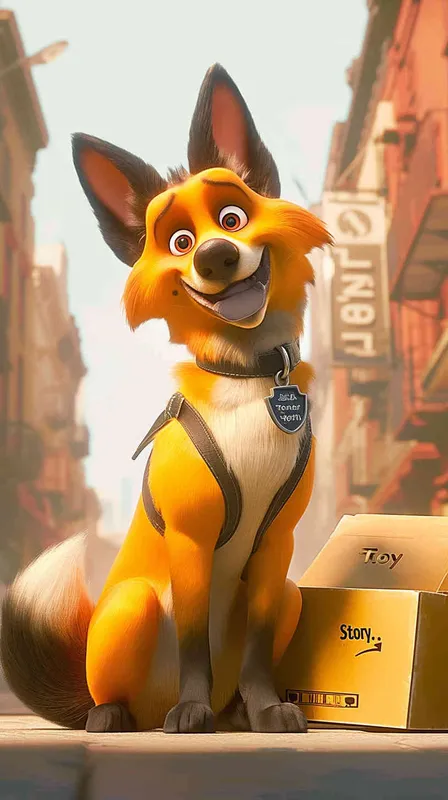 A Pixar 3D rendering of a delivery dog clad in a delivery uniform navigating through a bustling city street while delivering packages, inspired by the animation style of 