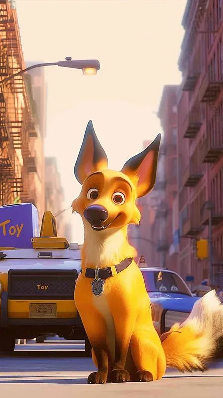 A Pixar 3D rendering of a delivery dog clad in a delivery uniform navigating through a bustling city street while delivering packages, inspired by the animation style of 