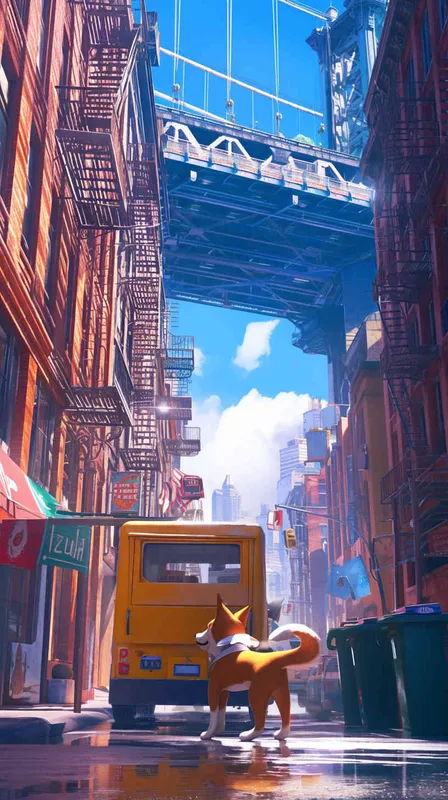 A Pixar 3D rendering of a delivery dog clad in a delivery uniform navigating through a bustling city street while delivering packages, inspired by the animation style of 