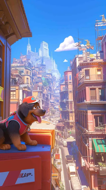 A Pixar 3D rendering of a delivery dog clad in a delivery uniform navigating through a bustling city street while delivering packages, inspired by the animation style of 