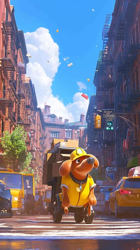 A Pixar 3D rendering of a delivery dog clad in a delivery uniform navigating through a bustling city street while delivering packages, inspired by the animation style of 