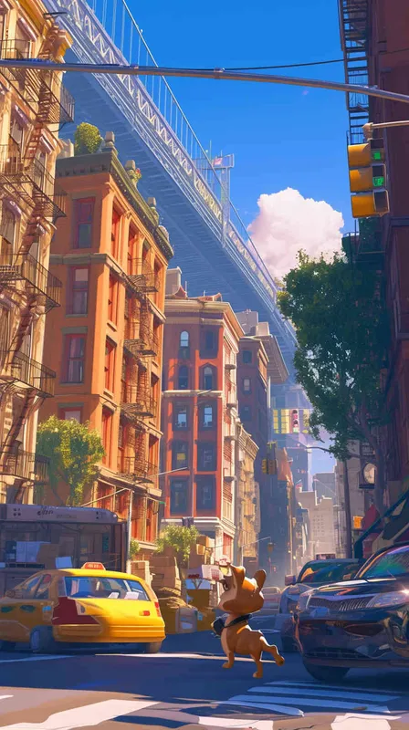 A Pixar 3D rendering of a delivery dog clad in a delivery uniform navigating through a bustling city street while delivering packages, inspired by the animation style of 