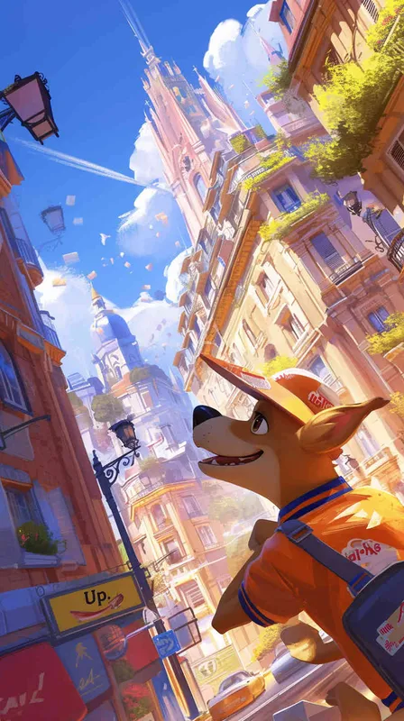 A Pixar 3D rendering of a delivery dog clad in a delivery uniform navigating through a bustling city street while delivering packages, inspired by the animation style of 