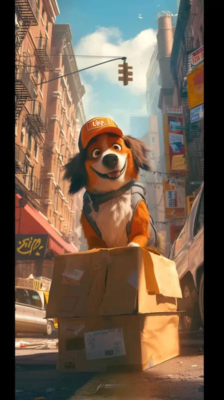 A Pixar 3D rendering of a delivery dog clad in a delivery uniform navigating through a bustling city street while delivering packages, inspired by the animation style of 