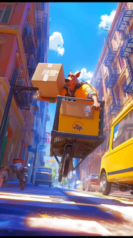 A Pixar 3D rendering of a delivery dog clad in a delivery uniform navigating through a bustling city street while delivering packages, inspired by the animation style of 