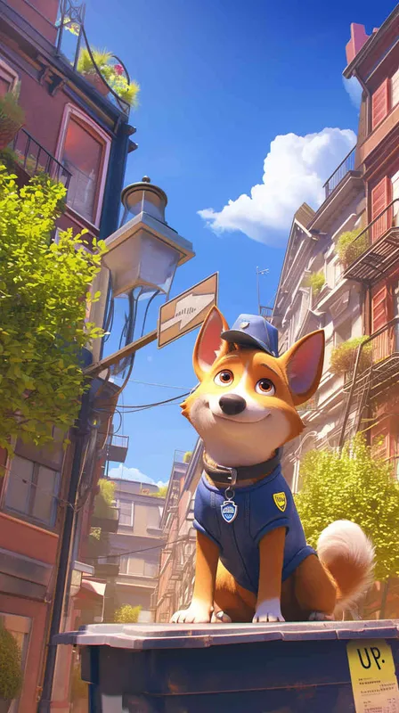 A Pixar 3D rendering of a delivery dog clad in a delivery uniform navigating through a bustling city street while delivering packages, inspired by the animation style of 