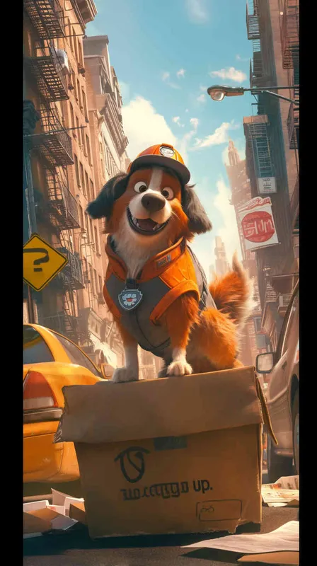 A Pixar 3D rendering of a delivery dog clad in a delivery uniform navigating through a bustling city street while delivering packages, inspired by the animation style of 