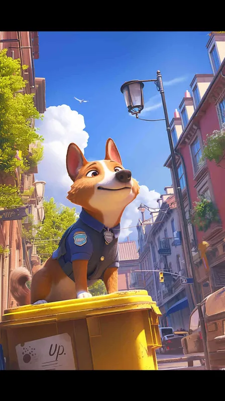A Pixar 3D rendering of a delivery dog clad in a delivery uniform navigating through a bustling city street while delivering packages, inspired by the animation style of 