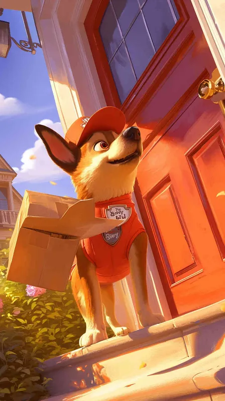 A Pixar 3D rendering of a delivery dog clad in a delivery uniform ringing a doorbell to deliver a package, inspired by the animation style of 
