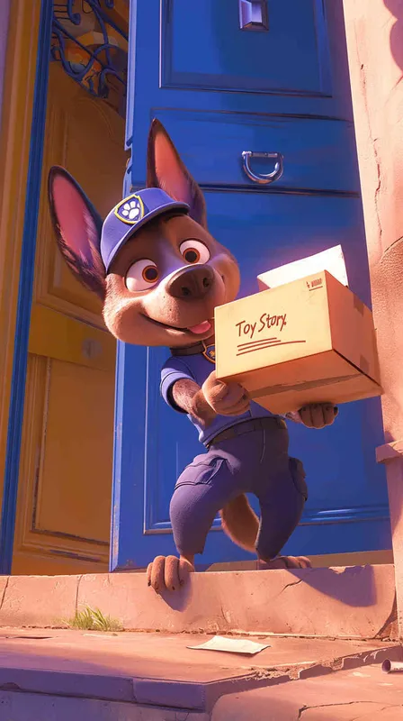 A Pixar 3D rendering of a delivery dog clad in a delivery uniform ringing a doorbell to deliver a package, inspired by the animation style of 