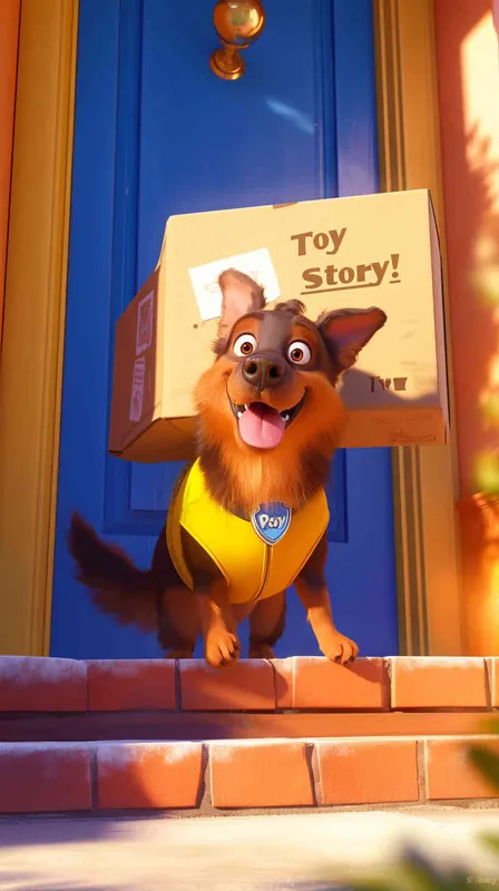 A Pixar 3D rendering of a delivery dog clad in a delivery uniform ringing a doorbell to deliver a package, inspired by the animation style of 