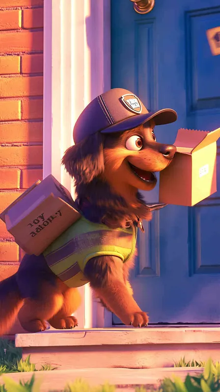A Pixar 3D rendering of a delivery dog clad in a delivery uniform ringing a doorbell to deliver a package, inspired by the animation style of 