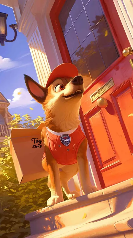 A Pixar 3D rendering of a delivery dog clad in a delivery uniform ringing a doorbell to deliver a package, inspired by the animation style of 
