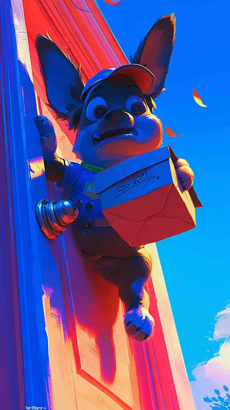 A Pixar 3D rendering of a delivery dog clad in a delivery uniform ringing a doorbell to deliver a package, inspired by the animation style of 