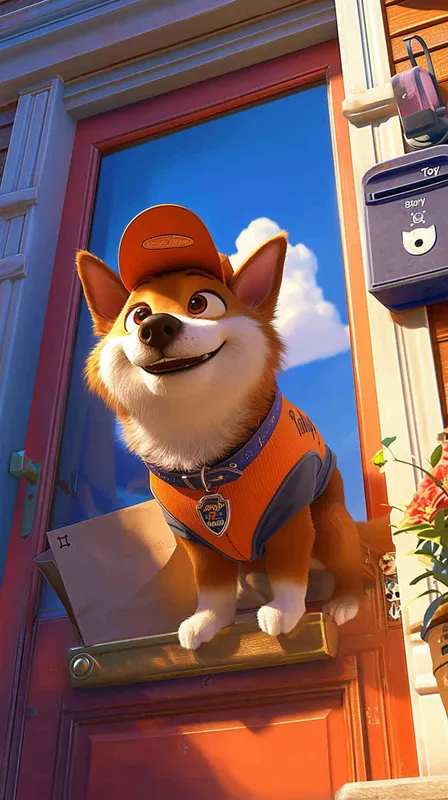 A Pixar 3D rendering of a delivery dog clad in a delivery uniform ringing a doorbell to deliver a package, inspired by the animation style of 