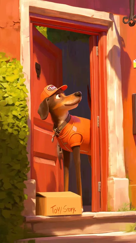 A Pixar 3D rendering of a delivery dog clad in a delivery uniform ringing a doorbell to deliver a package, inspired by the animation style of 